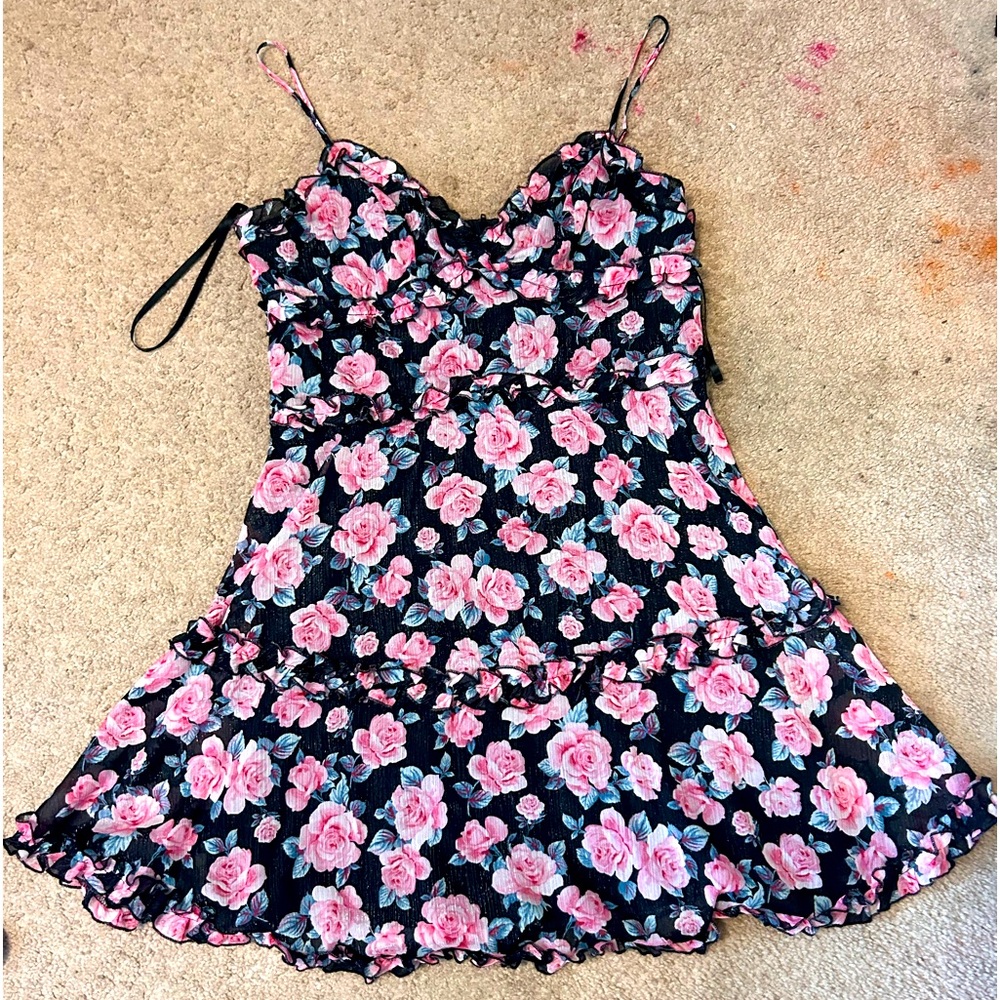 Black flowy dress with pink roses